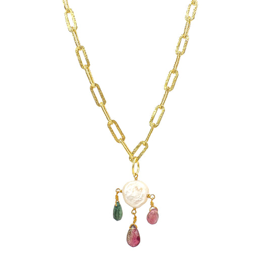 Laser Cut Paperclip Colorful Stone Pearl Necklace