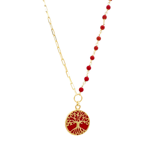Tree of Life Necklace with Coral Stone Chain Detail