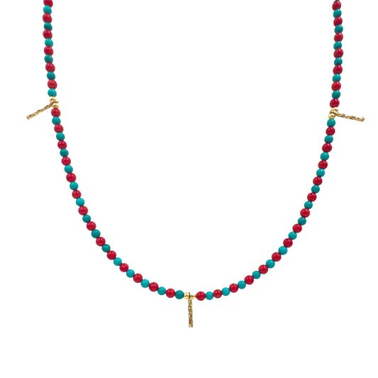 Turquoise and Coral with Gold Details Natural Stone Necklace