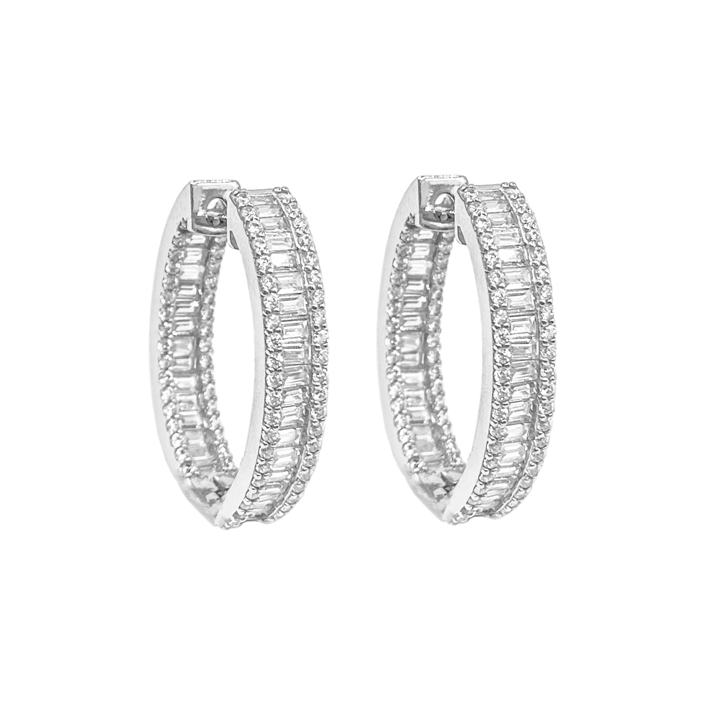 Baguette Stone Oval Earring - Silver