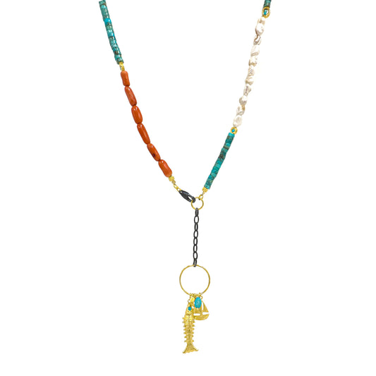 Colorful Stone Pearl Fish Pendant Necklace