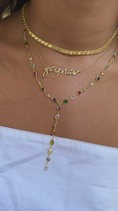 Drop Model Colored Stone Y Necklace