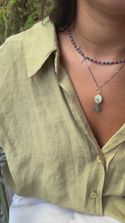 Turquoise and Coral with Gold Details Natural Stone Necklace