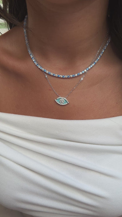 Three mm Aqua Stone Tennis Necklace